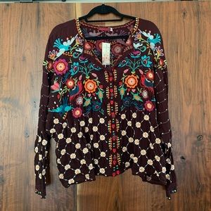 NWT Johnny Was Button Down Embroidered Top Size M